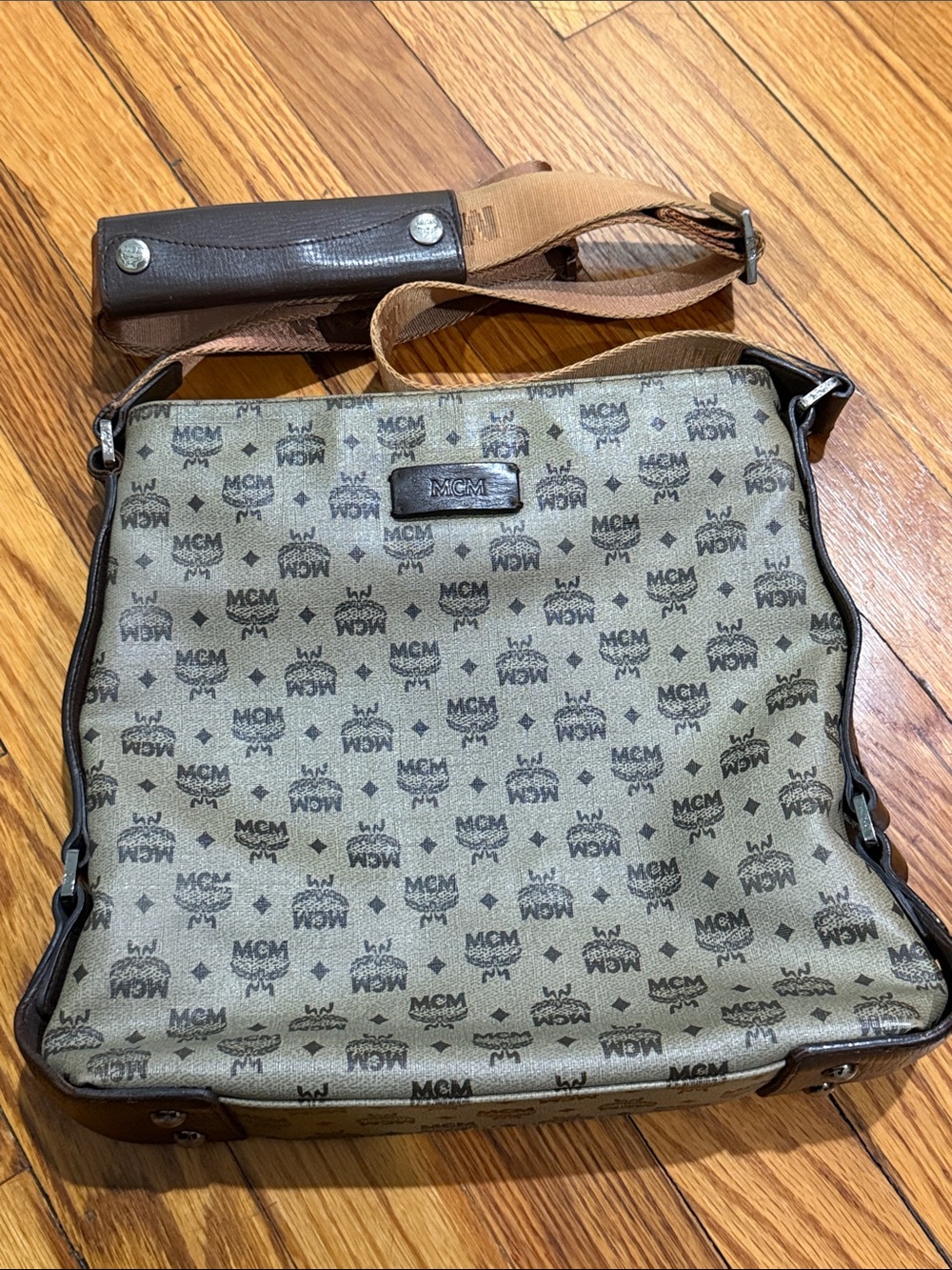 MCM Unisex Monogram Visetos Messenger Bag with Brown Trim